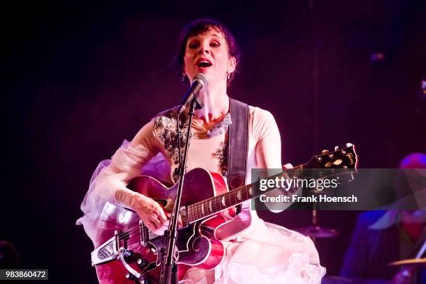 German singer and actress Meret Becker performs live on stage during a concert at the Festsaal Kreuzberg on June 25, 2018 in Berlin, Germany.