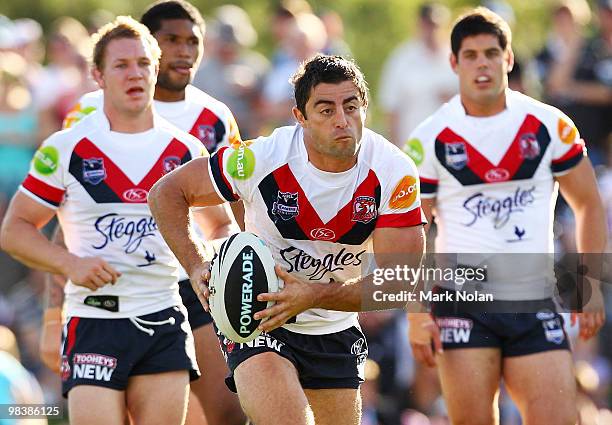 Anthony Minichiello of the Roosters runs the ball during the round five NRL match between the Penrith Panthers and the Sydney Roosters at CUA Stadium...