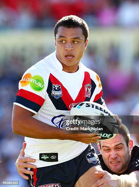 Sam Perrett of the Roosters in action during the round five NRL match between the Penrith Panthers and the Sydney Roosters at CUA Stadium on April...