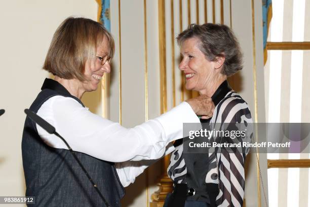 French Minister of Culture Francoise Nyssen and Madeline Fontaine, decorated "Chevalier des Arts et des Lettres" attend Decorations are given at...