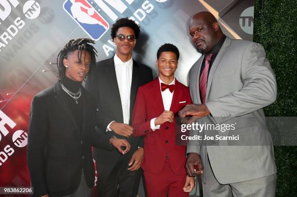 Myles O'Neal, Shareef O'Neal, Shaqir ONeal, and Shaquille O'Neal attend 2018 NBA Awards at Barkar Hangar on June 25, 2018 in Santa Monica,...