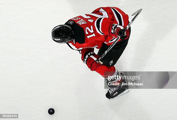 Brian Rolston of the New Jersey Devils warms up before playing against the New York Islanders at the Prudential Center on April 10, 2010 in Newark,...