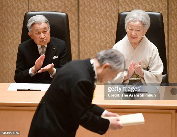 Emperor Akihito and Empress Michiko attend the Japan Academy Award Ceremony at the Japan Academy on June 25, 2018 in Tokyo, Japan.