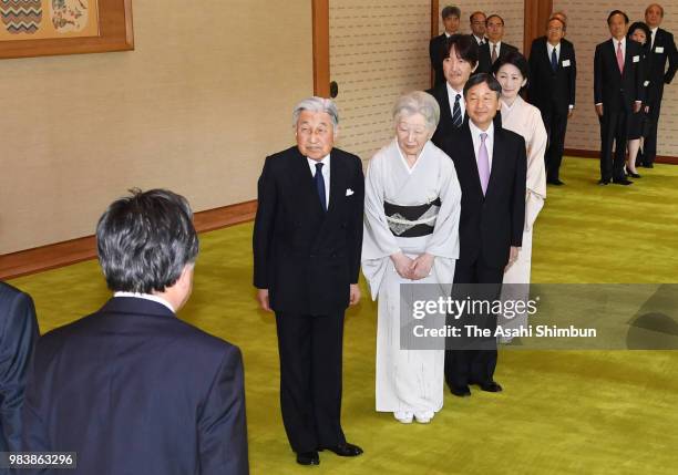 Emperor Akihito, Empress Michiko, Crown Prince Naruhito, Prince Akishino and Princess Kiko of Akishino greet laureates of the Japan Academy Awards at...