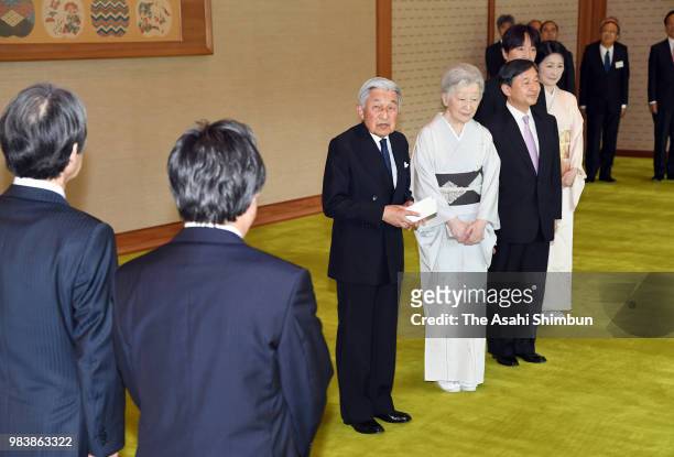 Emperor Akihito, Empress Michiko, Crown Prince Naruhito, Prince Akishino and Princess Kiko of Akishino greet laureates of the Japan Academy Awards at...