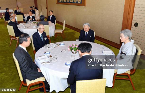 Emperor Akihito, Empress Michiko, Crown Prince Naruhito, Prince Akishino and Princess Kiko of Akishino talk with laureates of the Japan Academy...