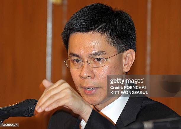 Thai government spokesman Panitan Wattanayagorn answers a question during press conference at a millitary base in Bangkok on April 11, 2010. Panitan...