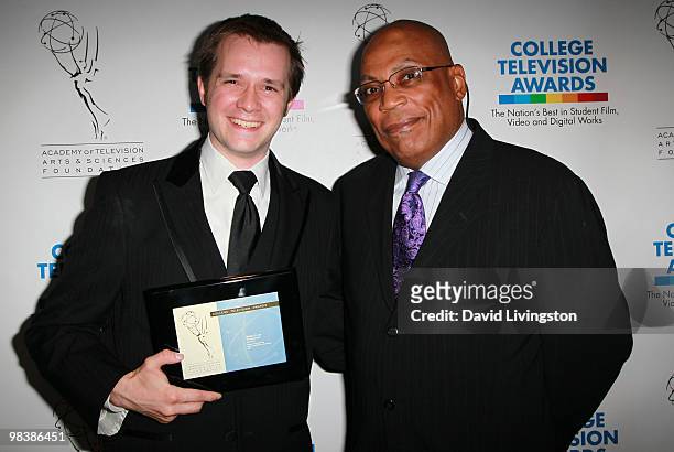Directing Award recipient Nathan D. Lee and director Paris Barclay attend the press room during the 31st Annual College Television Awards at...