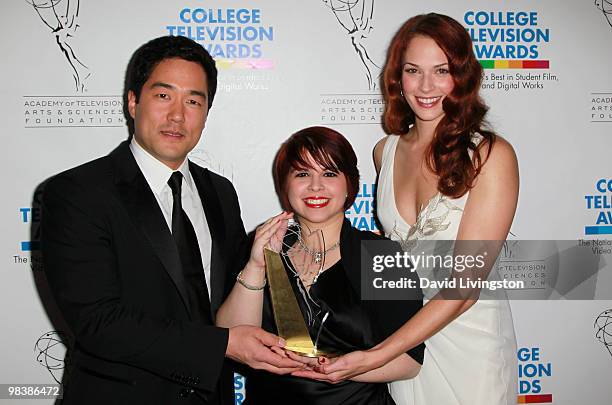 Actor Tim Kang, filmmaker and Drama Award recipient Lyvia A. Martinez and actress Amanda Righetti attend the press room during the 31st Annual...