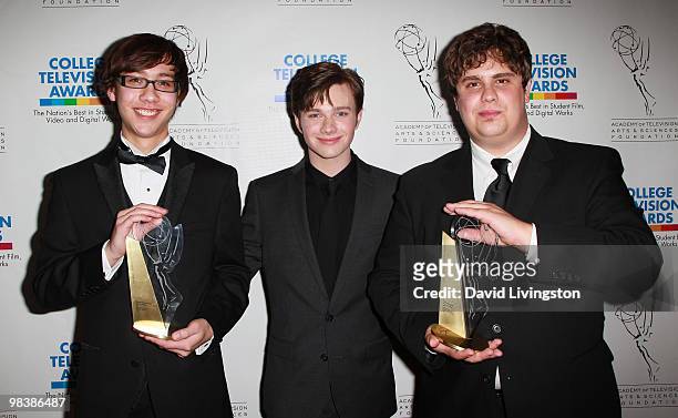 Actor Chris Colfer and filmmakers Dustin Chow and Steven Shaefer attend the press room during the 31st Annual College Television Awards at...