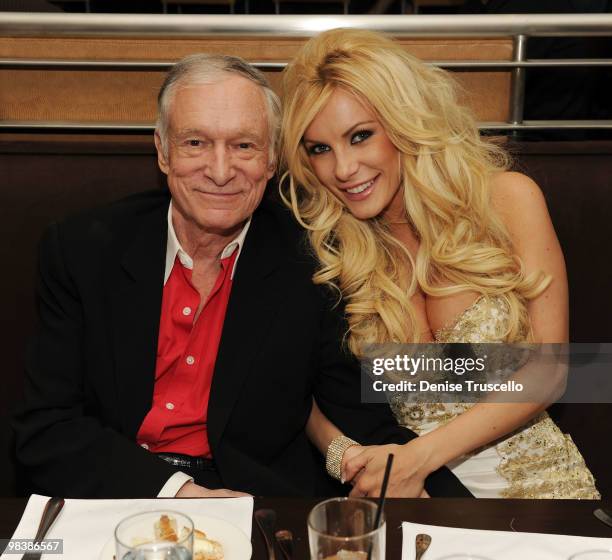 Hugh Hefner and Crystal Harris celebrate Hugh Hefner's 84th birthday at Nine Steakhouse at The Palms Casino Resort on April 10, 2010 in Las Vegas,...