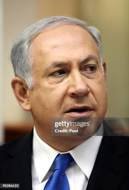 Israeli Prime Minister Benjamin Netanyahu chairs the weekly cabinet meeting at his office on April 11, 2010 in Jerusalem, Israel. Netanyahu's abrupt...