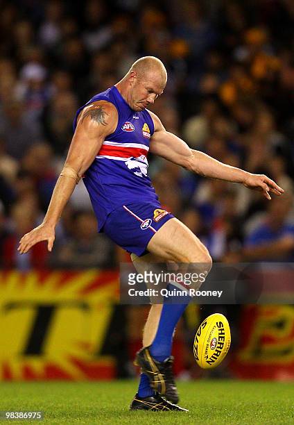 Barry Hall of the Bulldogs kicks during the round three AFL match between the Western Bulldogs and the Hawthorn Hawks at Etihad Stadium on April 11,...