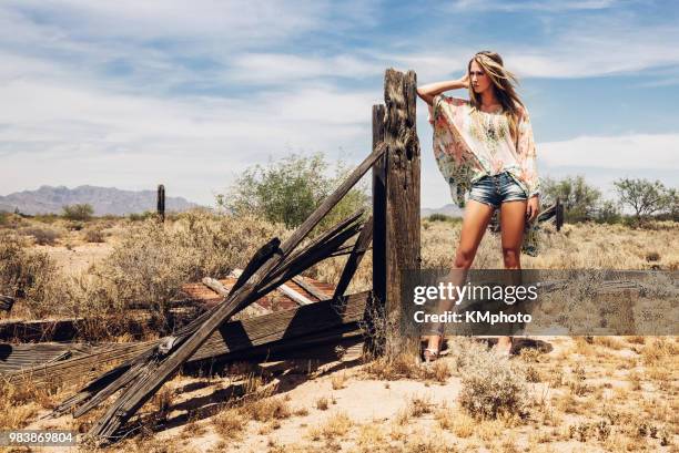 blonde girl stands near old wooden fence kmphoto - kmphoto stock pictures, royalty-free photos & images