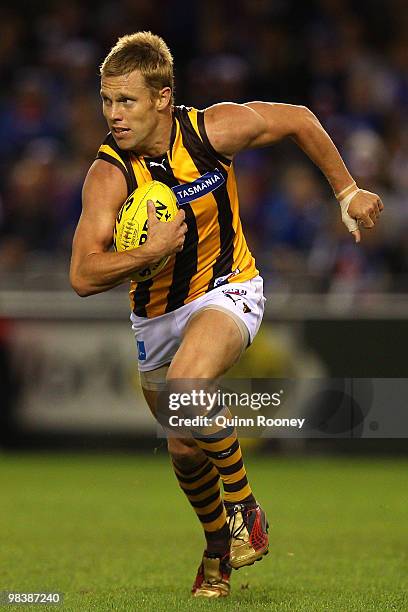 Sam Mitchell of the Hawks runs down the wing during the round three AFL match between the Western Bulldogs and the Hawthorn Hawks at Etihad Stadium...