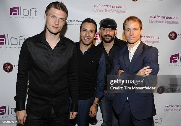 Nick Carter, Howie Dorough, A. J. McLean, and Brian Littrell of the Backstreet Boys pose at Aloft Hotels' Live in the Vineyard Presented By Aloft...