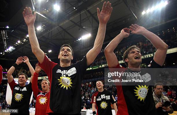 Michal Jurecki of Luebbecke celebrates after winning the DHB Cup third place match between VfL Gummersbach and TuS N-Luebbecke at the Color Line...