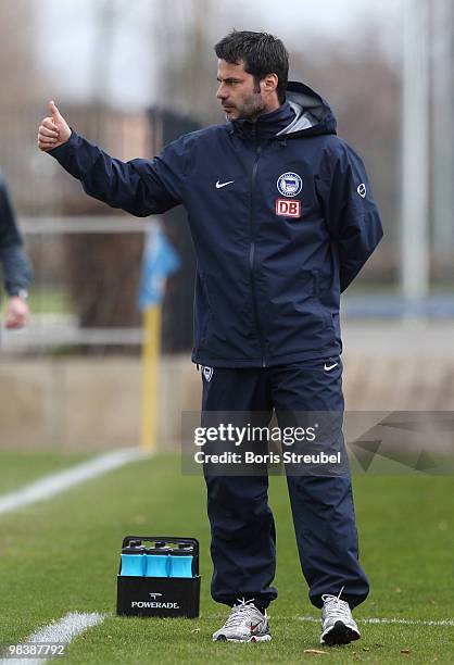 Rene Tretschok, head coach of Berlin gestures during the DFB Juniors Cup half final between Hertha BSC Berlin and VfL Bochum at the Amateurstadion of...