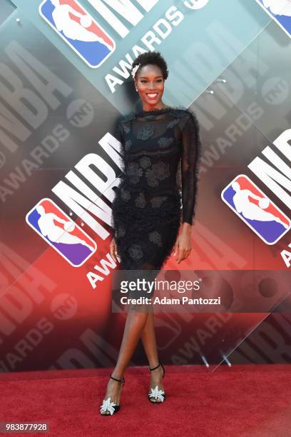 Damaris Lewis walks the red carpet before the NBA Awards Show on June 25, 2018 at the Barker Hangar in Santa Monica, California. NOTE TO USER: User...