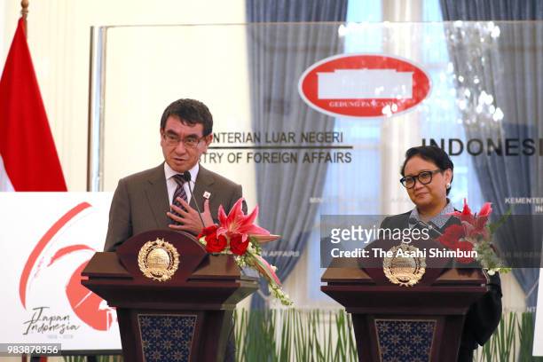 Japanese Foreign Minister Taro Kono and Indonesian Foreign Minister Retno Marsudi attend a joint press conference following their meeting at the...