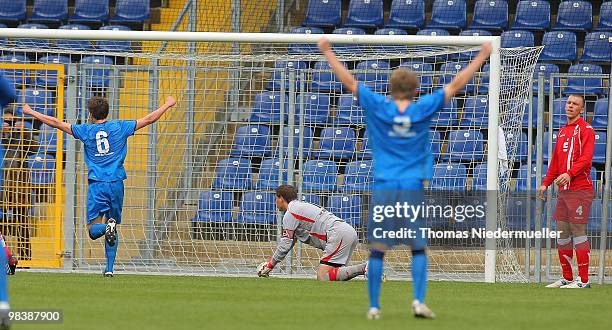 The players of Hoffenheim celebrate during the DFB Juniors Cup half final between TSG 1899 Hoffenheim and FC Energie Cottbus at the Dietmar-Hopp...