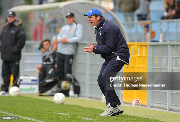 Guido Streichsbier, coach of Hoffenheim gestures during the DFB Juniors Cup half final between TSG 1899 Hoffenheim and FC Energie Cottbus at the...