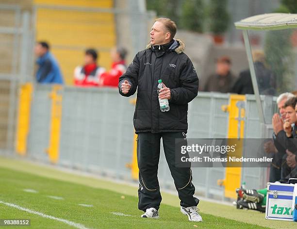 Detlef Schoessler, coach of Cottbus gestures during the DFB Juniors Cup half final between TSG 1899 Hoffenheim and FC Energie Cottbus at the...