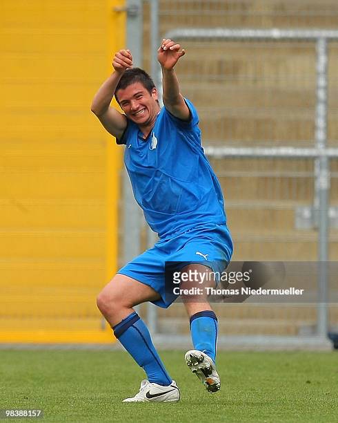 Marco Terazzino celebrates his goal during the DFB Juniors Cup half final between TSG 1899 Hoffenheim and FC Energie Cottbus at the Dietmar-Hopp...