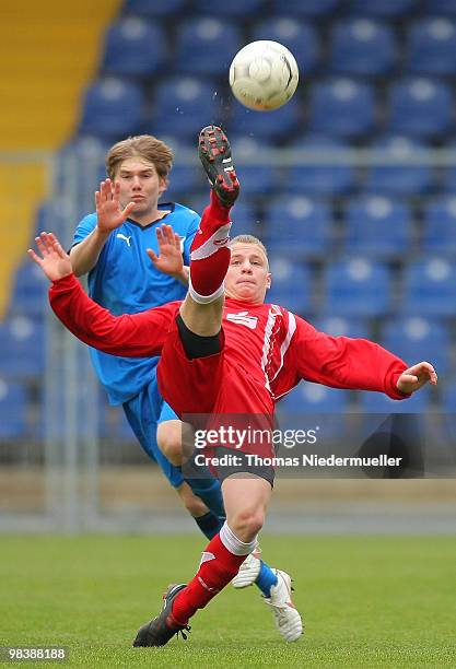Andreas Loeser of Cottbus in action with the ball during the DFB Juniors Cup half final between TSG 1899 Hoffenheim and FC Energie Cottbus at the...