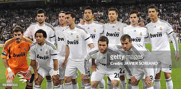 Real Madrid's players pose before the 'El Clasico' Spanish League football match Real Madrid against Barcelona at the Santiago Bernabeu stadium in...