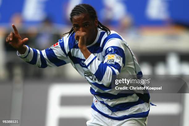 Caiuby of Duisburg celebrates the first goal during the Second Bundesliga match between MSV Duisburg and SpVgg Greuther Fuerth at the MSV Arena on...