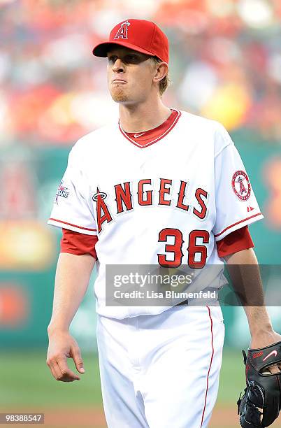 Jered Weaver of the Los Angeles Angels of Anaheim walks to the dugout during the game against the Oakland Athletics on April 10, 2010 in Anaheim,...