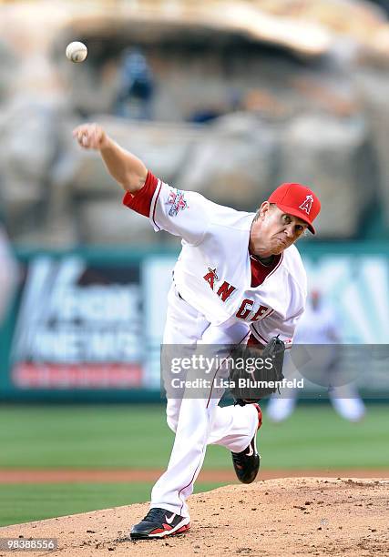 Jered Weaver of the Los Angeles Angels of Anaheim pitches against the Oakland Athletics on April 10, 2010 in Anaheim, California.