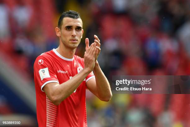 Ellyes Skhiri of Belgium greets fans after the 2018 FIFA World Cup Russia group G match between Belgium and Tunisia at Spartak Stadium on June 23,...