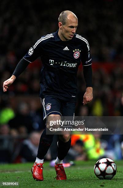 Arjen Robben of Bayern Muenchen in action during the UEFA Champions League Quarter Final second leg match between Manchester United and Bayern...