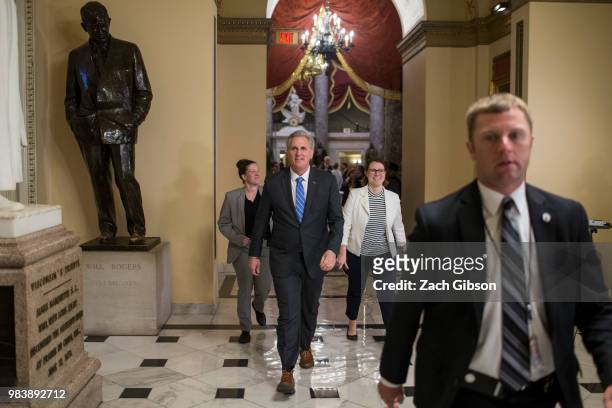 House Majority Leader Kevin McCarthy walks to a vote on Capitol Hill on June 25, 2018 in Washington, DC. The House of Representatives held votes on...