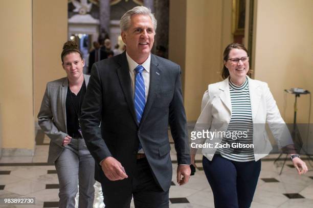 House Majority Leader Kevin McCarthy walks to a vote on Capitol Hill on June 25, 2018 in Washington, DC. The House of Representatives held votes on...
