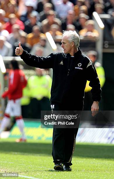 Mick McCarthy manager of Wolverhampton Wanderers gives the thumbs up during the Barclays Premier League match between Wolverhampton Wanderers and...