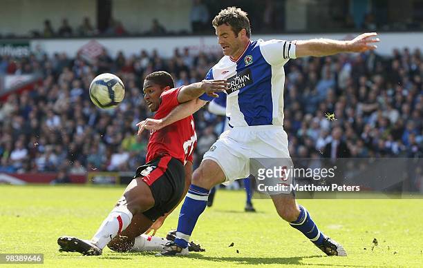 Antonio Valencia of Manchester United clashes with Ryan Nelsen of Blackburn Rovers during the FA Barclays Premier League match between Blackburn...
