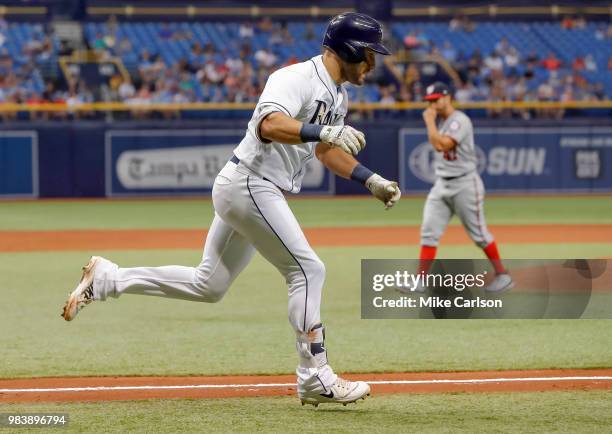 Kevin Kiermaier of the Tampa Bay Rays reacts as he hits a grand slam off of Gio Gonzalez of the Washington Nationals in the second inning of a...