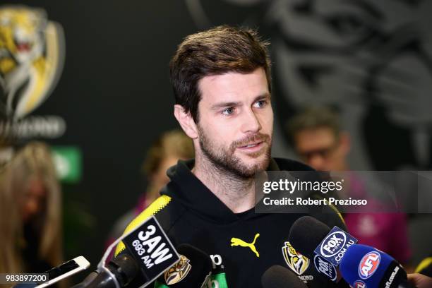 Trent Cotchin speaks after packing the Alannah & Madeline Foundations 85,000th Buddy Bag during a Richmond Tigers AFL media opportunity at Punt Road...