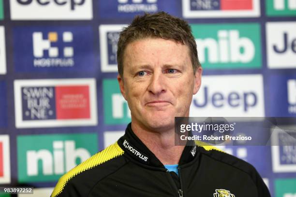 Coach Damien Hardwick speaks after packing the Alannah & Madeline Foundations 85,000th Buddy Bag during a Richmond Tigers AFL media opportunity at...