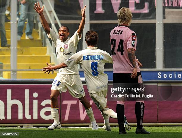Marcos Ariel De Paula of Chievo celebrates with Simone Bentivoglio after scoring the opening goal during the Serie A match between US Citta di...
