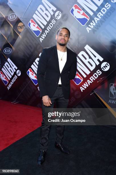 Mack Wilds walks the red carpet before the NBA Awards Show on during the 2018 NBA Awards Show on June 25, 2018 at The Barkar Hangar in Santa Monica,...