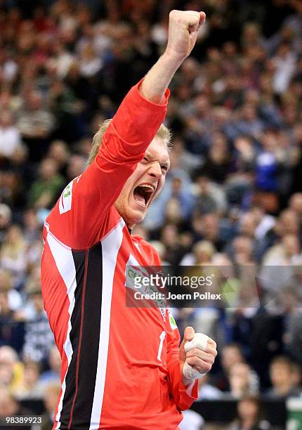 Johannes Bitter of Hamburg celebrates during the DHB Cup Final match between Rhein-Neckar Loewen and HSV Hamburg at the Color Line Arena on April 11,...