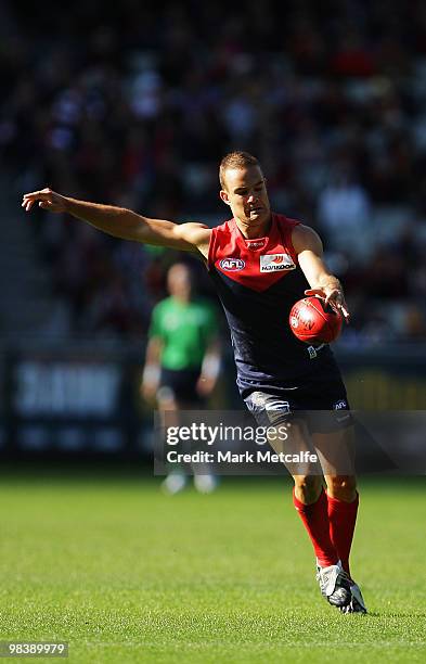 Brad Green of the Demons kicks the ball during the round three AFL match between the Melbourne Demons and the Adelaide Crows at Melbourne Cricket...