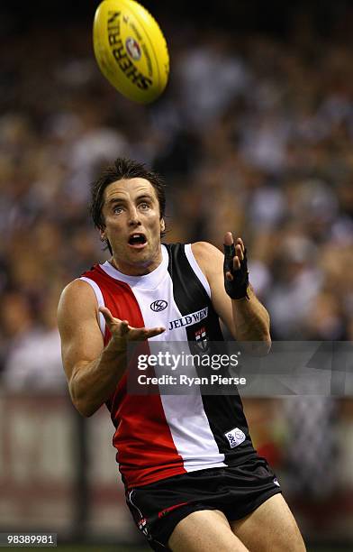 Stephen Milne of the Saints marks during the round three AFL match between the St Kilda Saints and the Collingwood Magpies at Etihad Stadium on April...