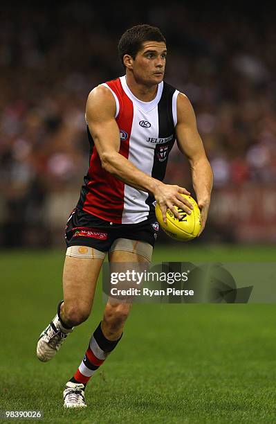 Leigh Montagna of the Saints looks upfield during the round three AFL match between the St Kilda Saints and the Collingwood Magpies at Etihad Stadium...