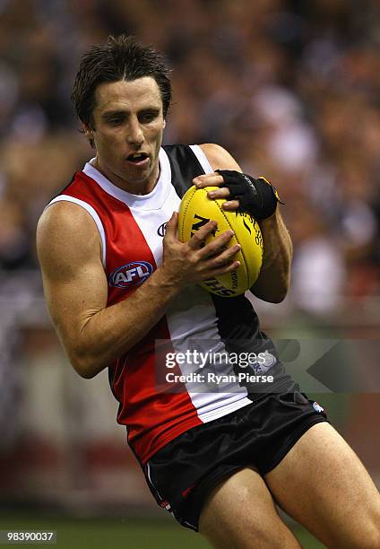 Stephen Milne of the Saints marks during the round three AFL match between the St Kilda Saints and the Collingwood Magpies at Etihad Stadium on April...