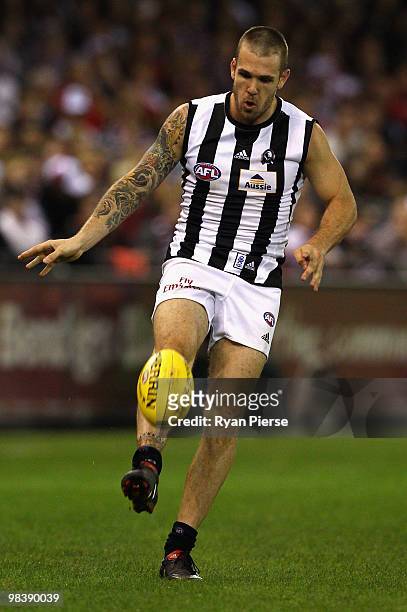 Dane Swan of the Magpies kicks during the round three AFL match between the St Kilda Saints and the Collingwood Magpies at Etihad Stadium on April 9,...